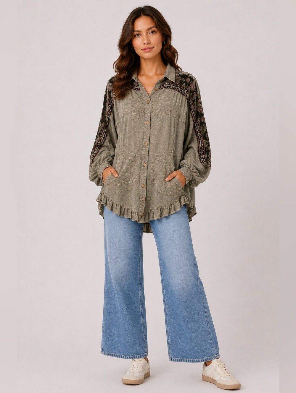 NWT Young Threads Medium Olive Embroidered Velvet Sleeve Dolman Button Boho
